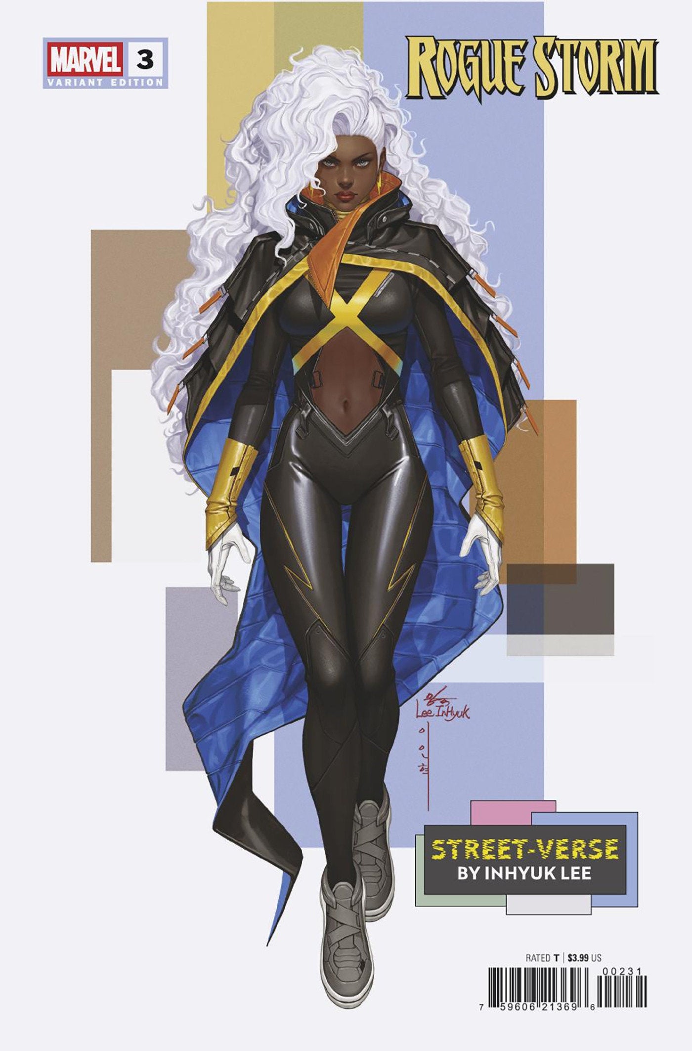 Comic book cover featuring a superhero in a black and blue costume with gold accents, standing against a geometric background.