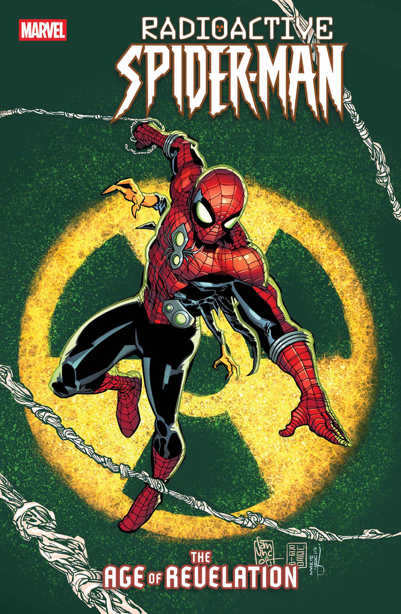 Comic book cover featuring Spider-Man with a green and yellow background