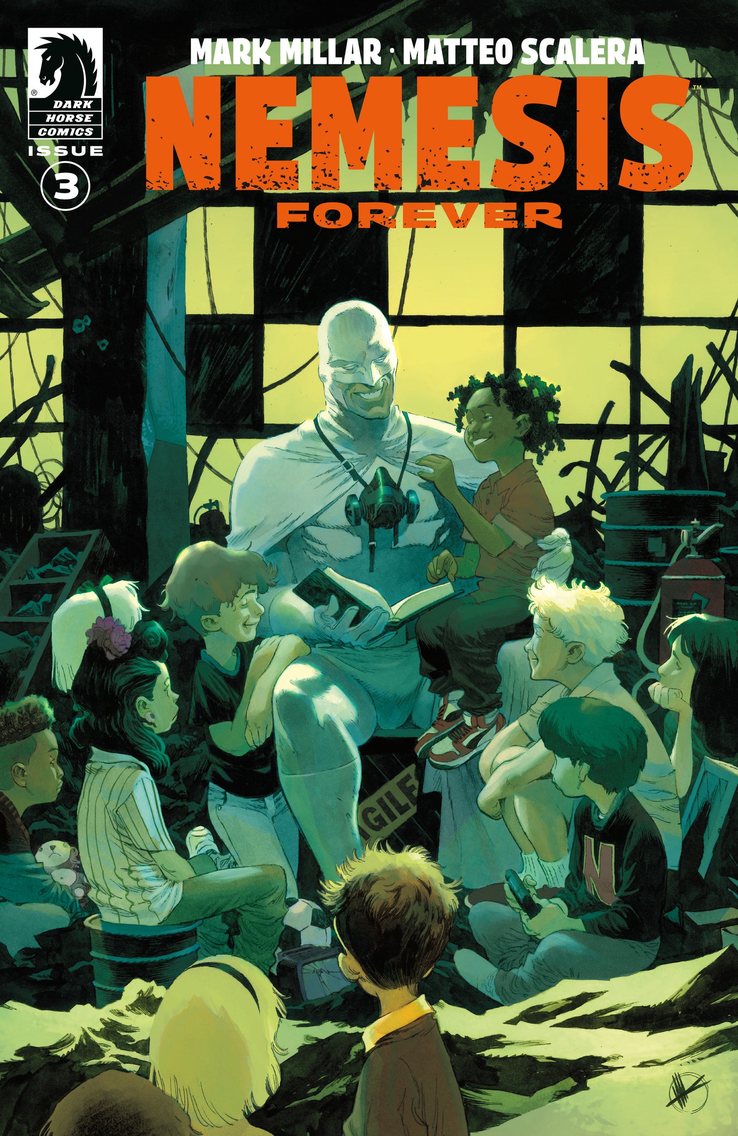 Comic book cover of 'Nemesis Forever' with a central figure reading to children.