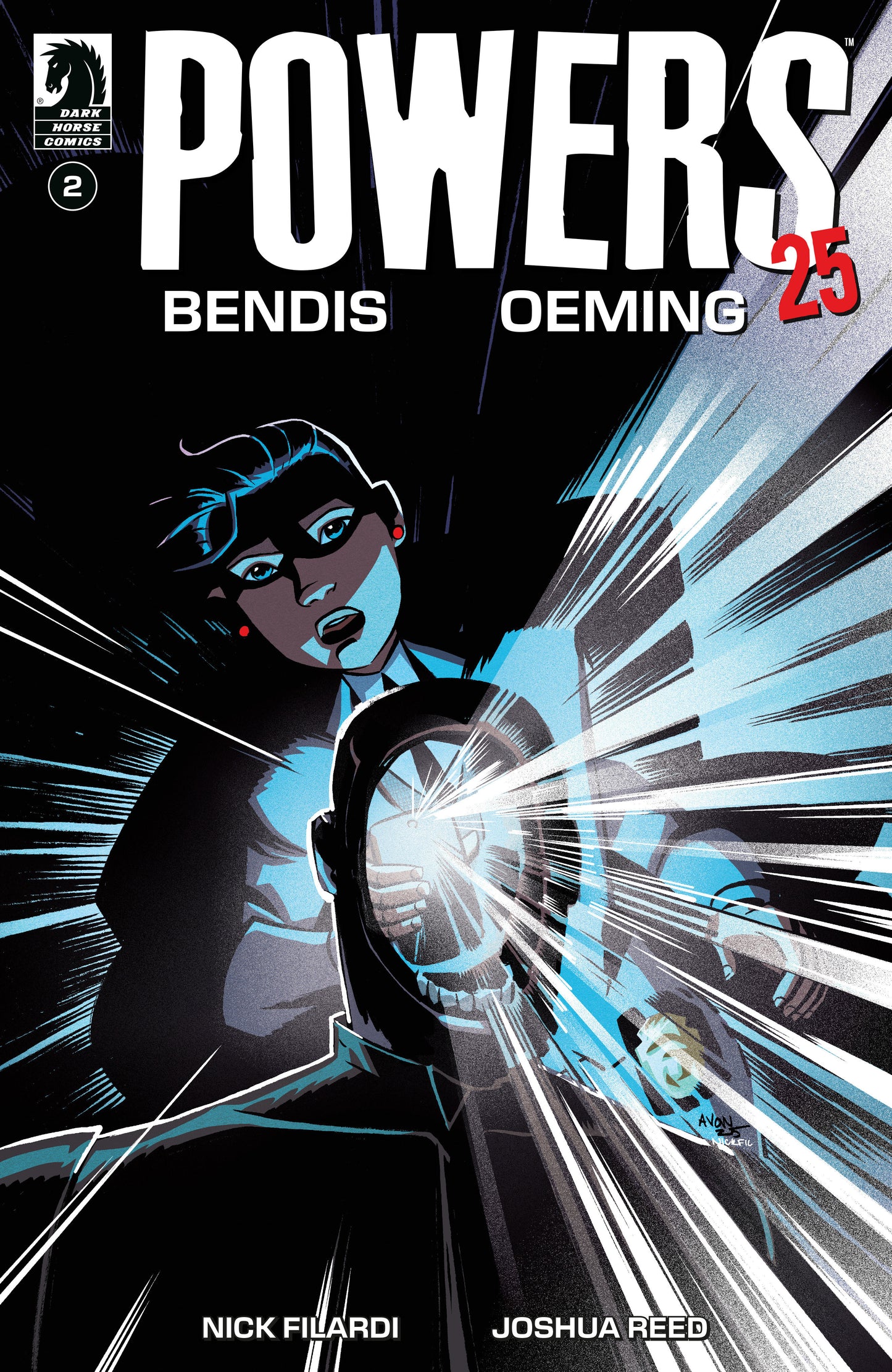 Comic book cover of 'Powers' with character holding a device, featuring Nick Filardi and Joshua Reed.