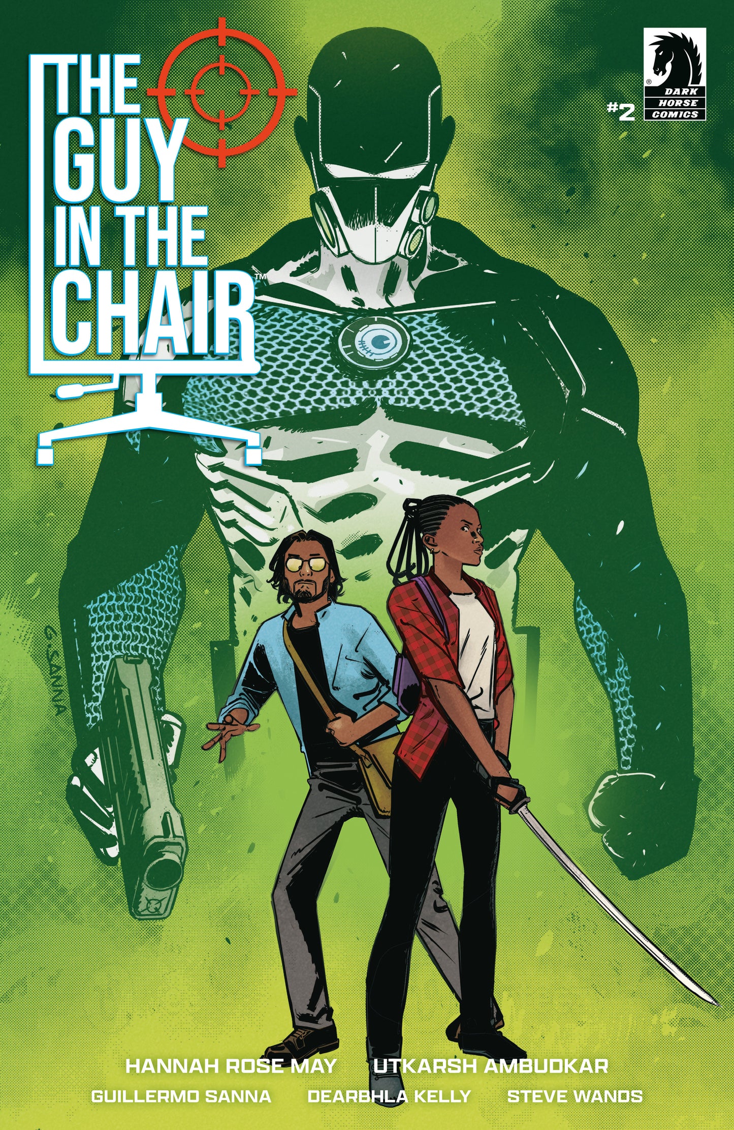 Comic book cover featuring a large figure in a chair with two people in front on a green background