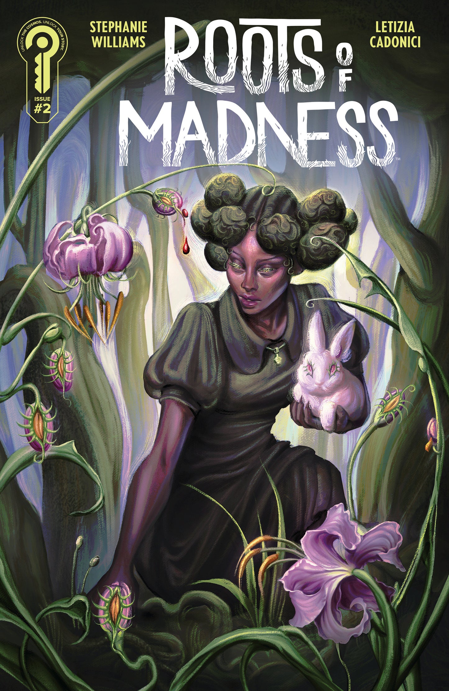 Comic book cover of 'Roots of Madness' featuring a woman with flowers and a rabbit.