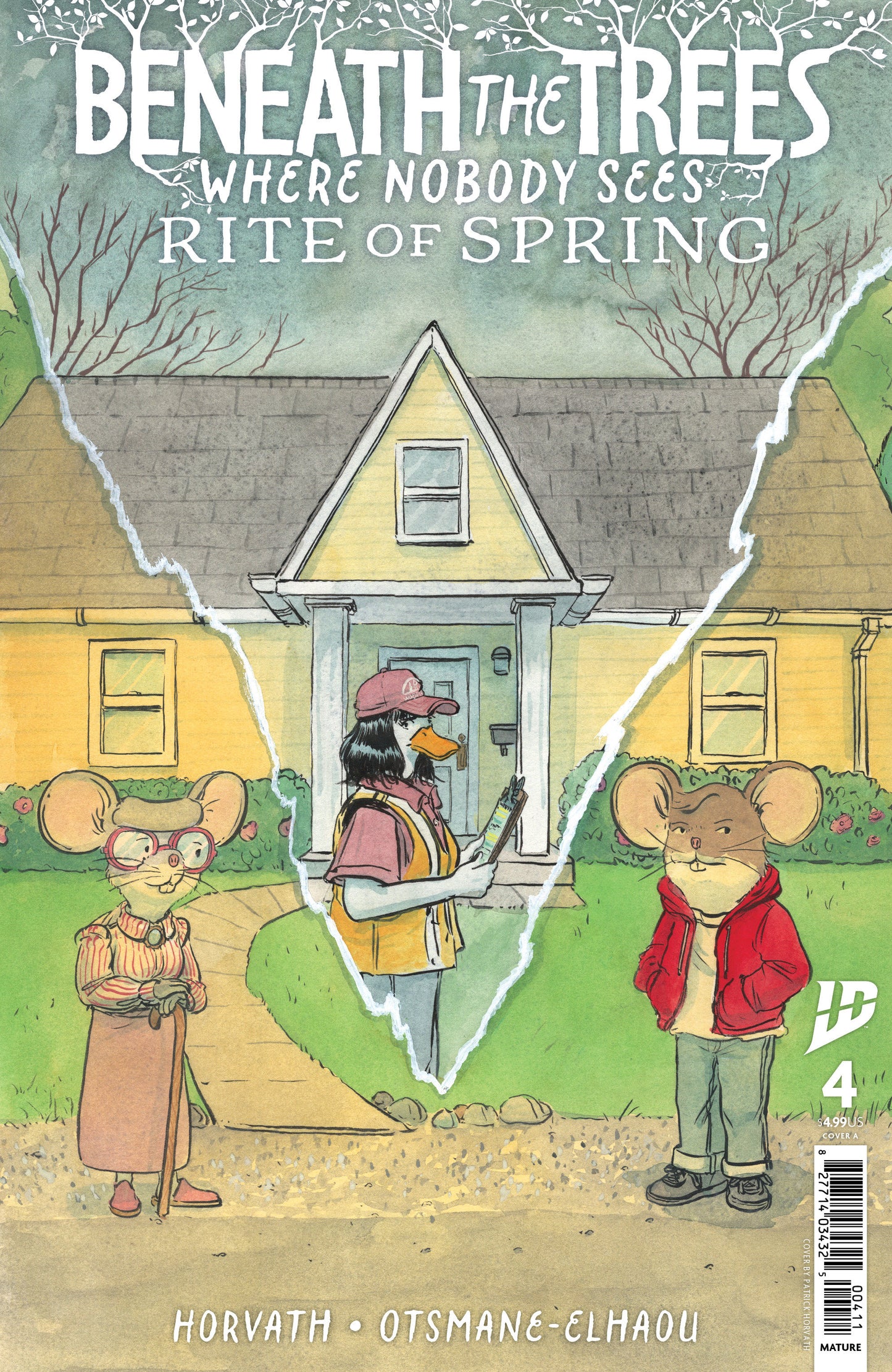 Comic book cover titled 'Beneath the Trees Where Nobody Sees: Rite of Spring' with characters and a house illustration.