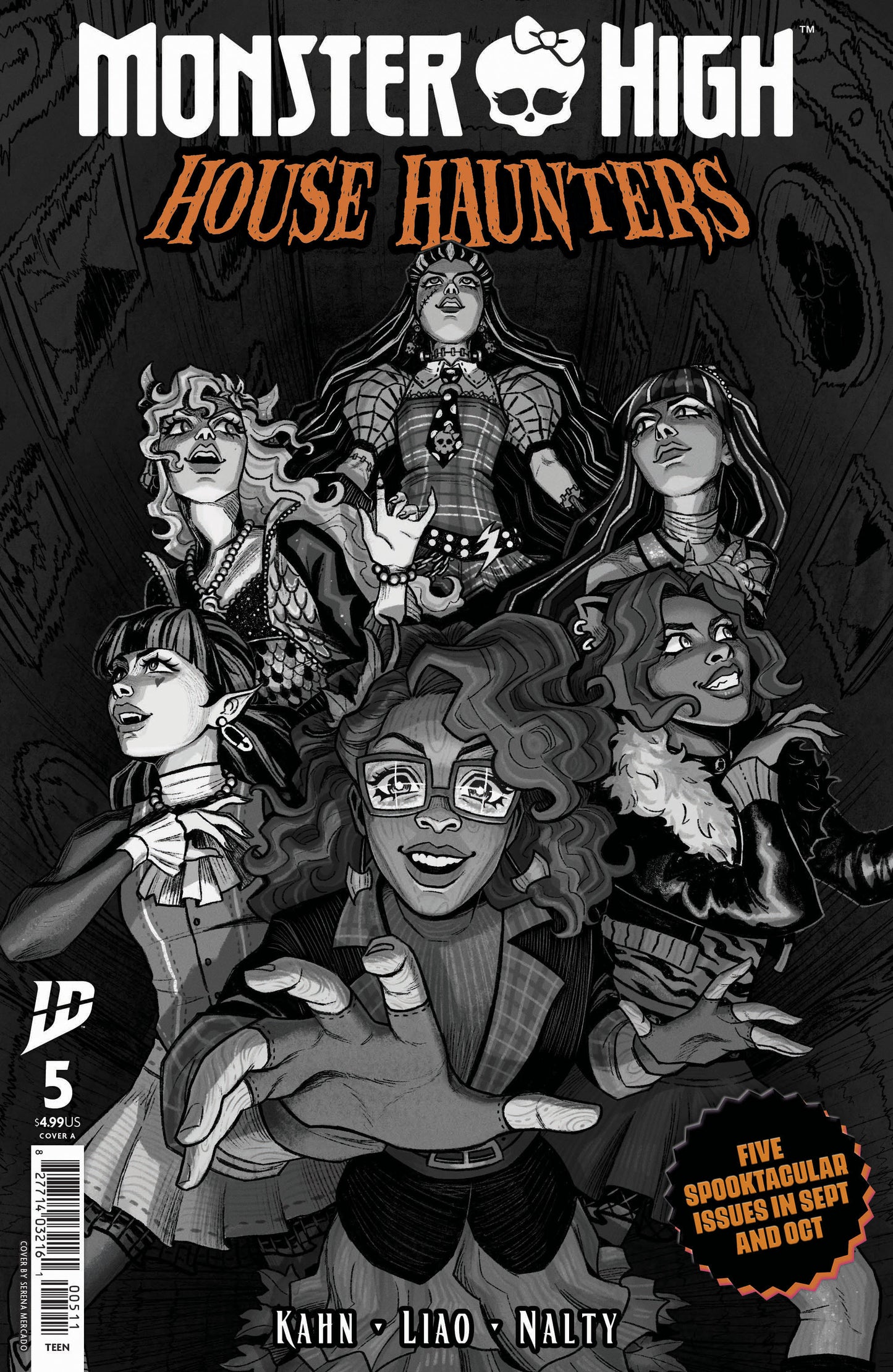 Monster High House Hunters comic book cover with characters in black and white.