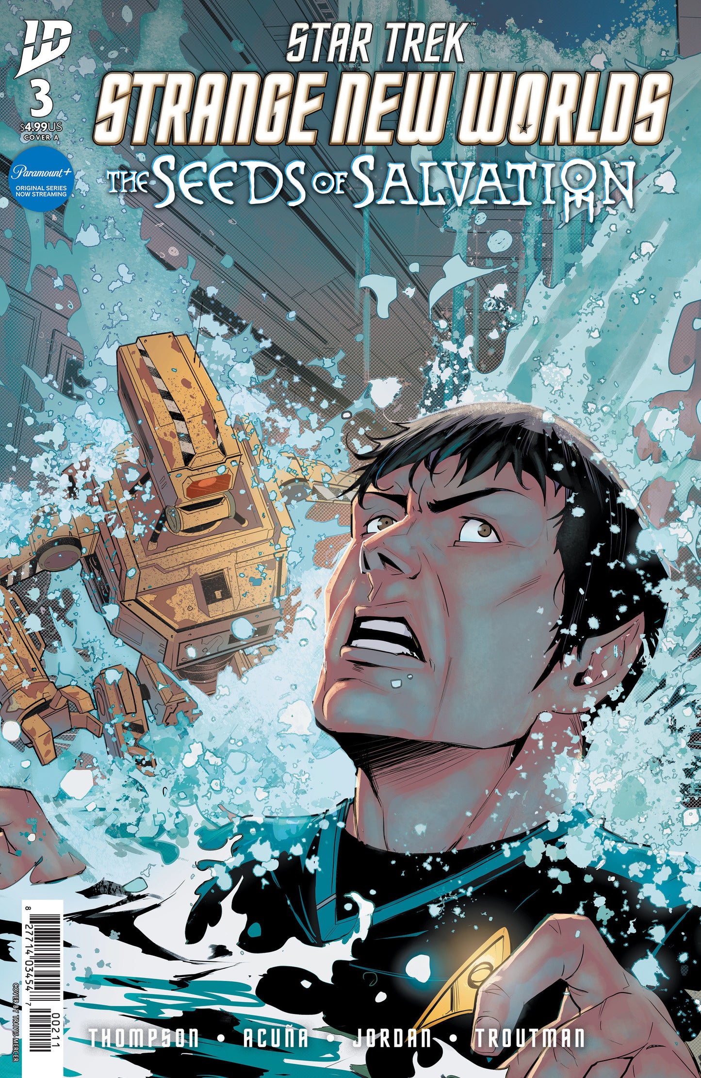 Comic book cover of 'Star Trek: Strange New Worlds' featuring a character in a snowy landscape with futuristic elements.