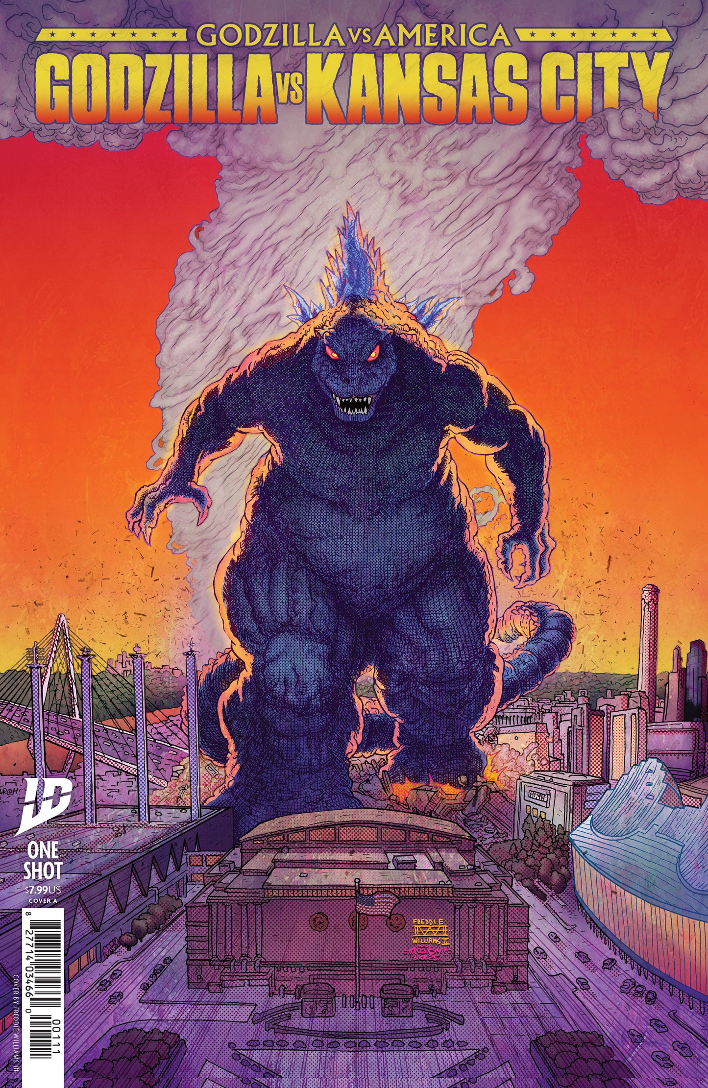 Comic book cover featuring Godzilla vs. Kansas City with a large monster on a cityscape background.