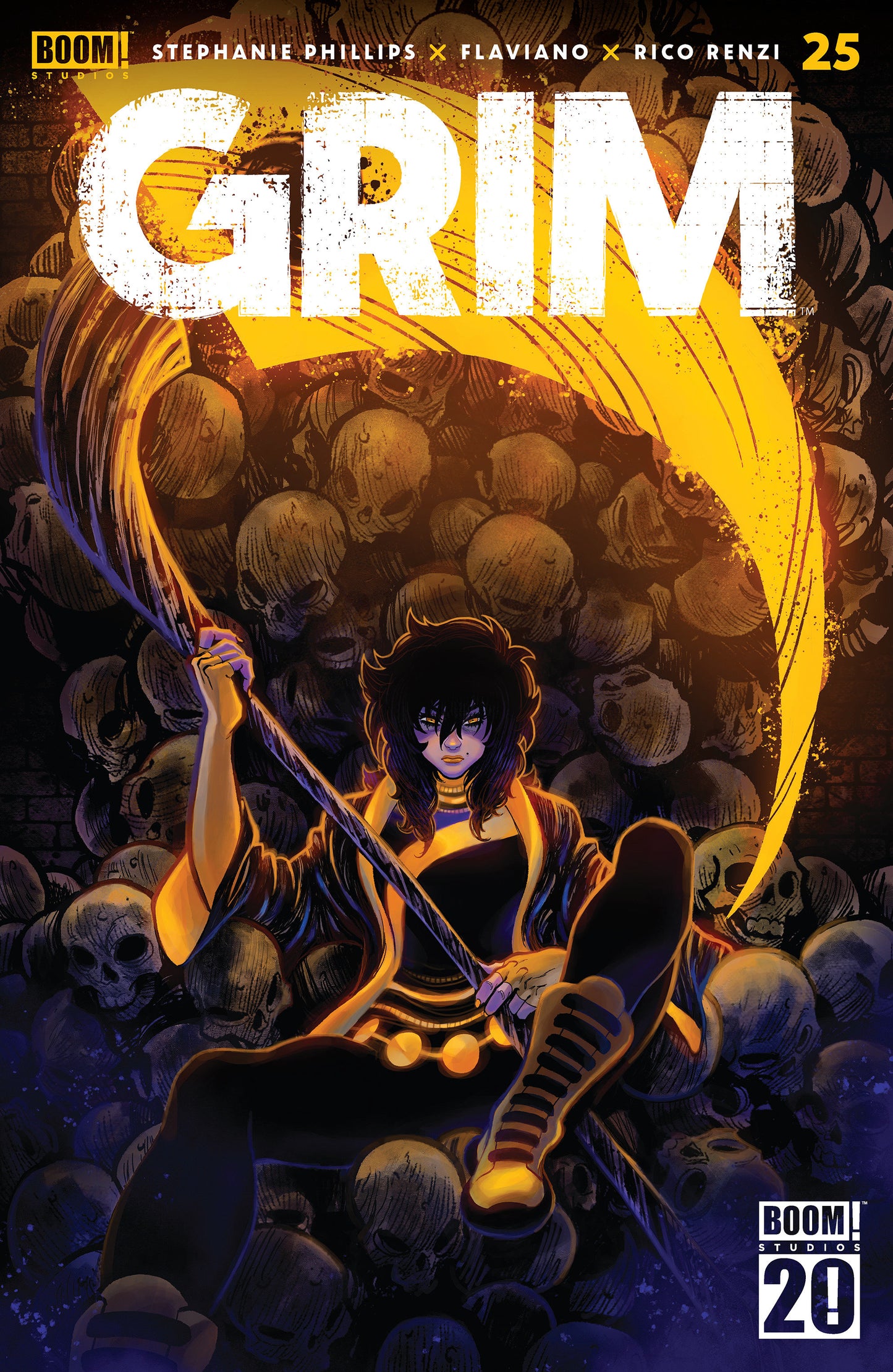 Comic book cover of 'Grim' with a character holding a large weapon surrounded by skulls.