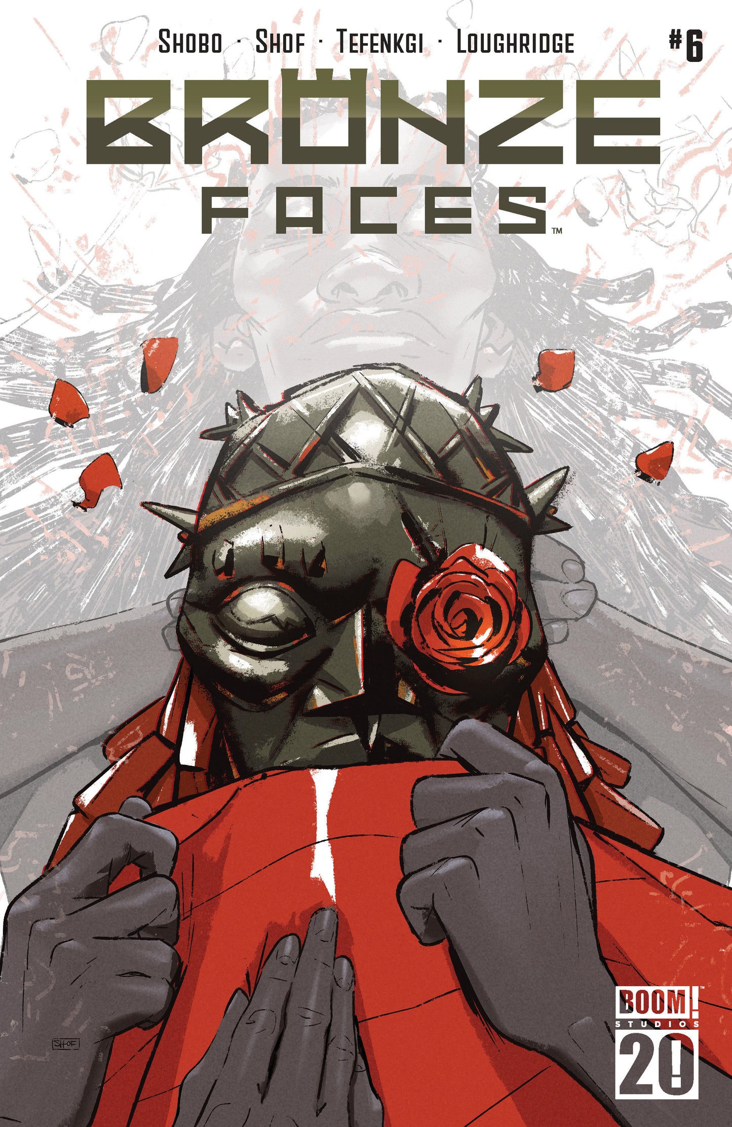 Comic book cover of 'Bronze Faces' with a person wearing a mask holding a rose.