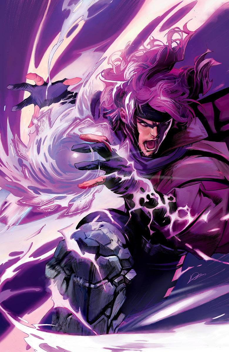 Comic book cover with a superhero in a dynamic pose against a purple and white background