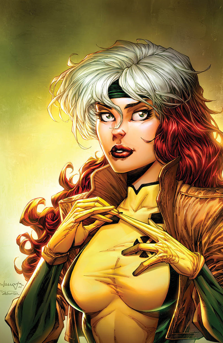 Comic book-style illustration of a character with red and white hair, wearing a yellow top and green jacket.