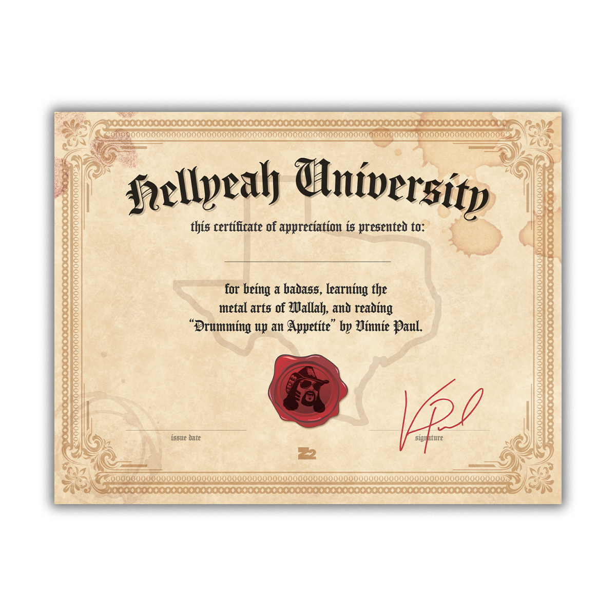 Hellyeah University certificate of appreciation with decorative border and red seal on a white background