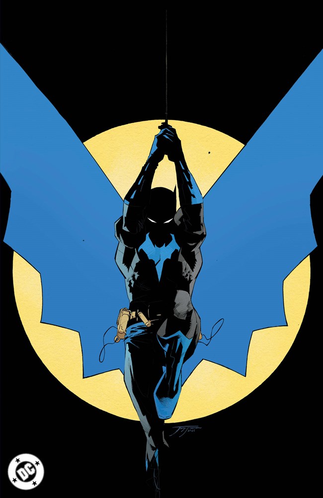 Comic book cover with a superhero silhouette against a yellow circle on a blue background
