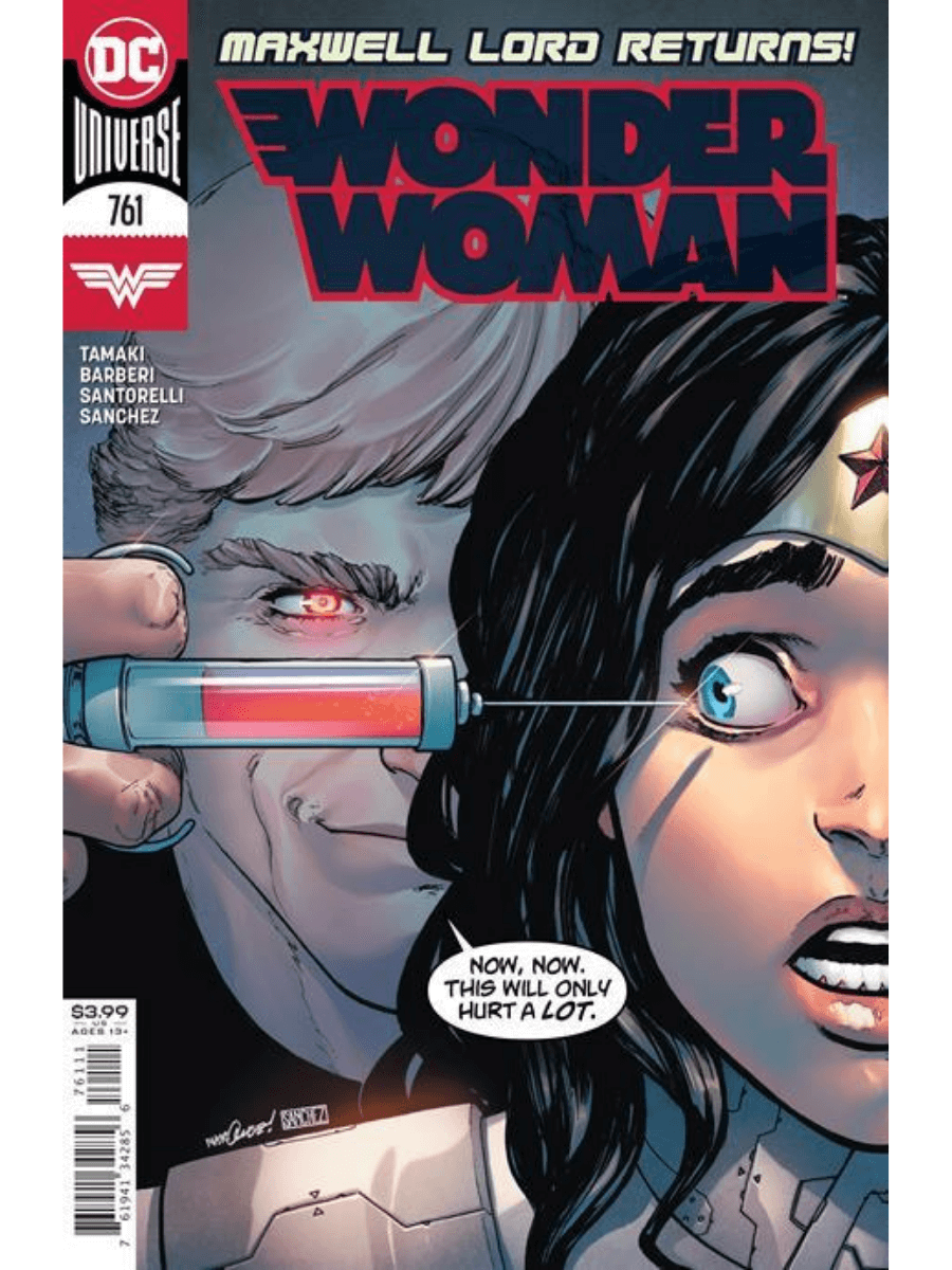 Comic book cover featuring Wonder Woman receiving an injection from a syringe.