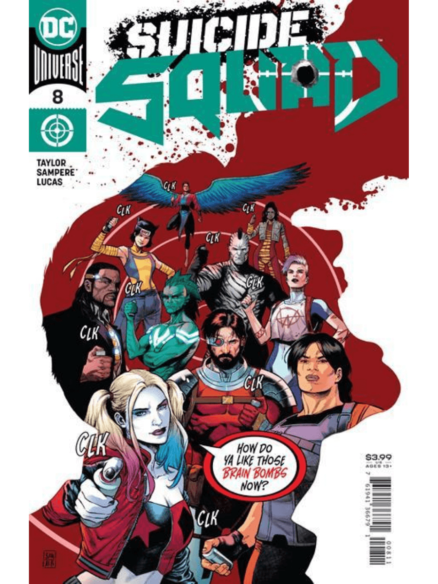 Comic book cover of 'Suicide Squad' with characters and red background