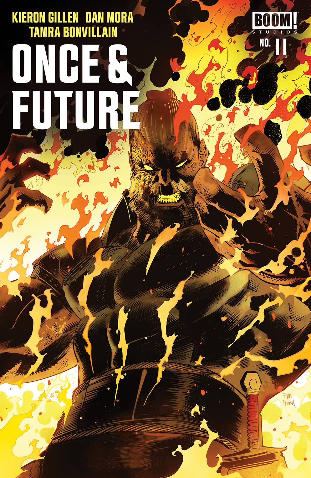 Comic book cover of 'Once & Future' with a large creature and fiery background.