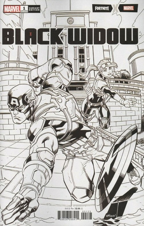 Comic book cover featuring Black Widow and Captain America with a black and white art style.