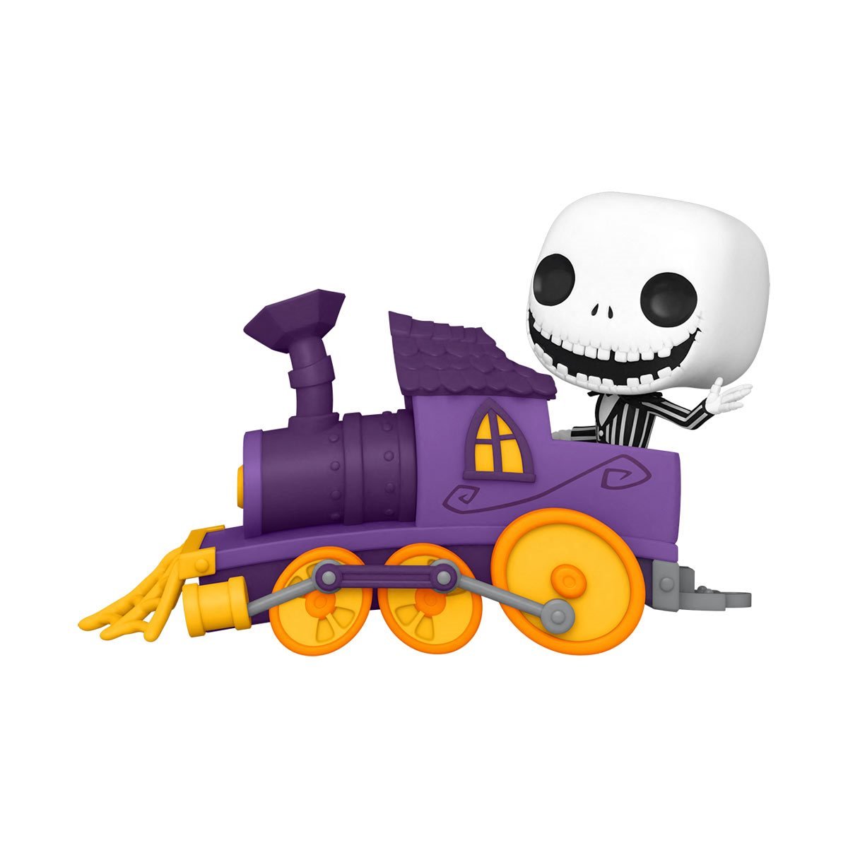 Skeleton character on a purple train with yellow wheels on a white background