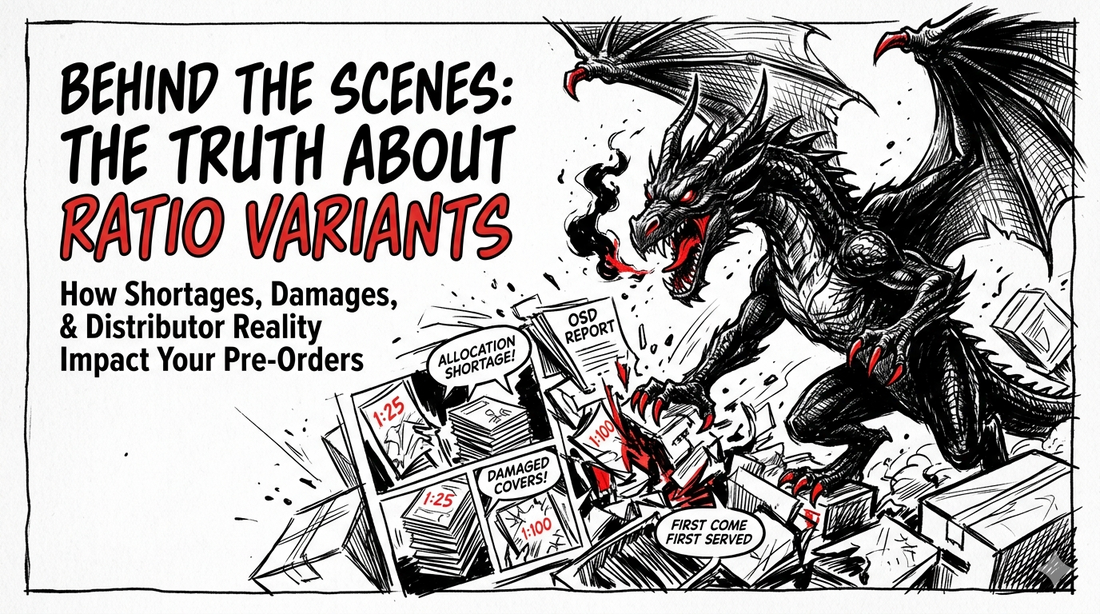 Black Dragon standing over a box of comic books