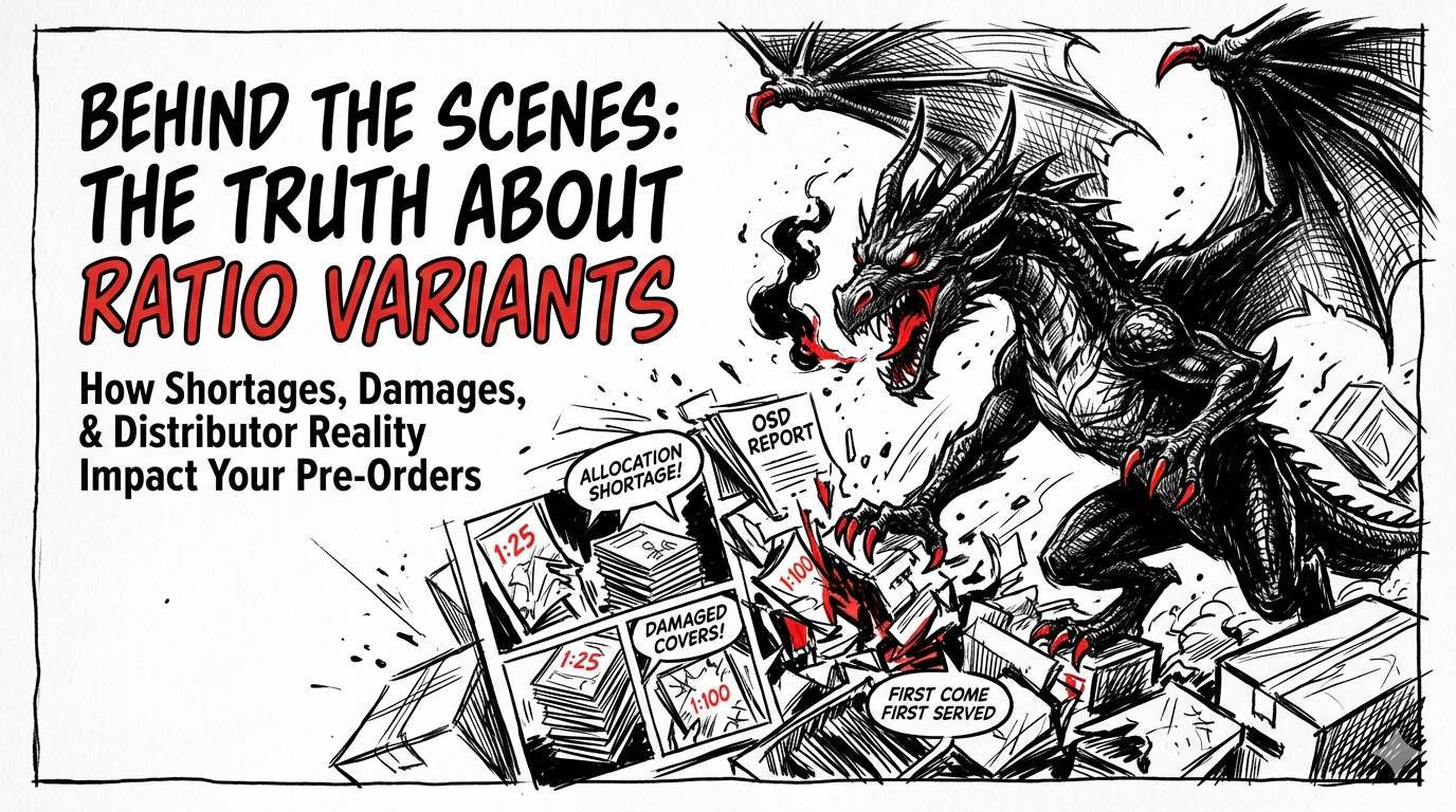 Black Dragon standing over a box of comic books