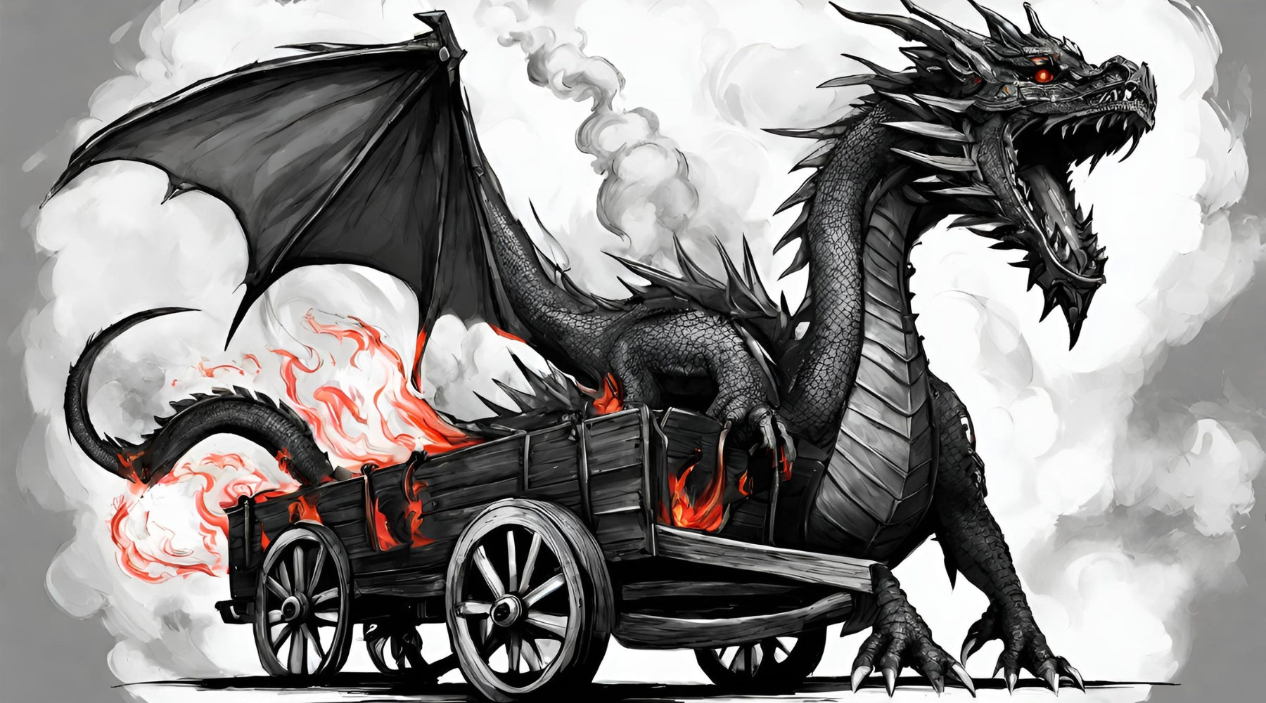 Black Dragon standing next to a burning wagon
