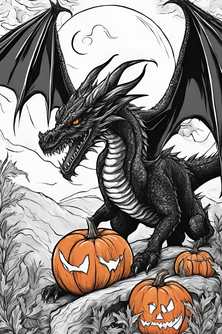 Sketch of a Black Dragon in a pumpkin patch