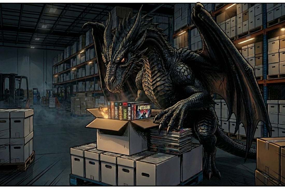 black dragon in a comic book warehouse looking through a box of comics