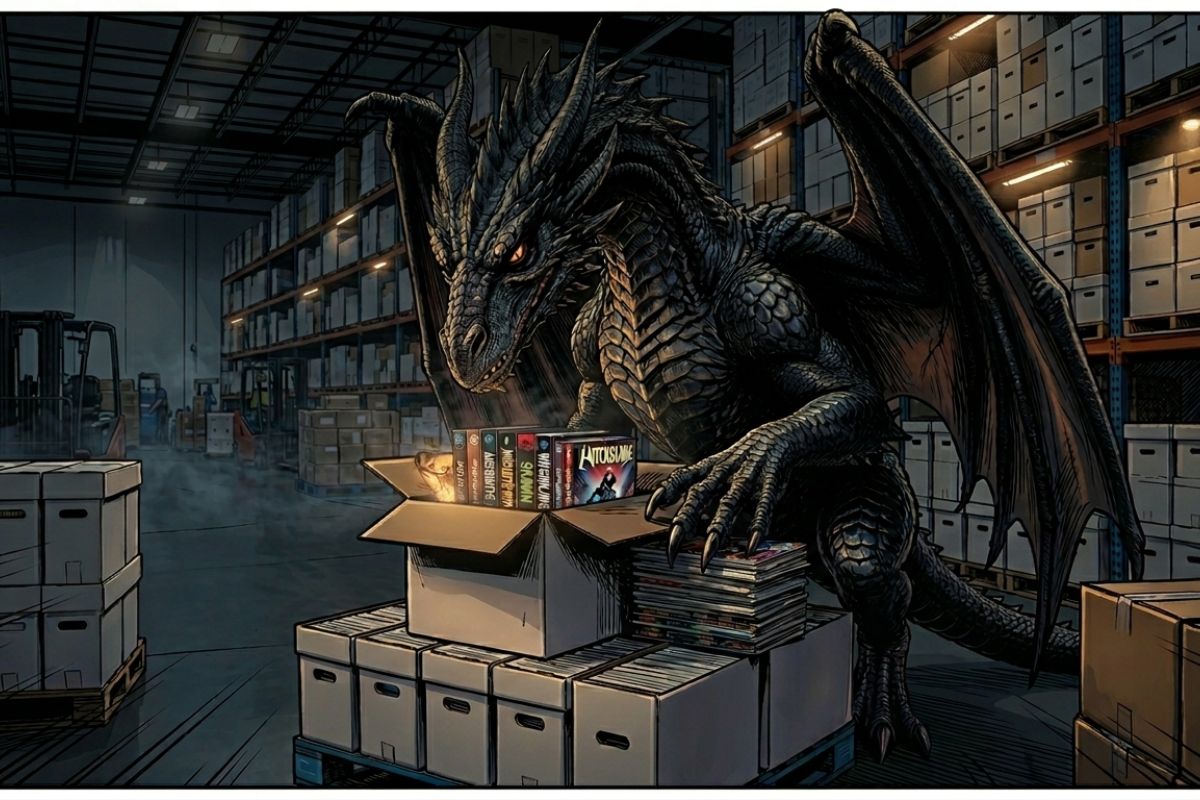 black dragon in a comic book warehouse looking through a box of comics