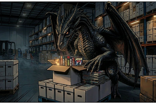 black dragon in a comic book warehouse looking through a box of comics