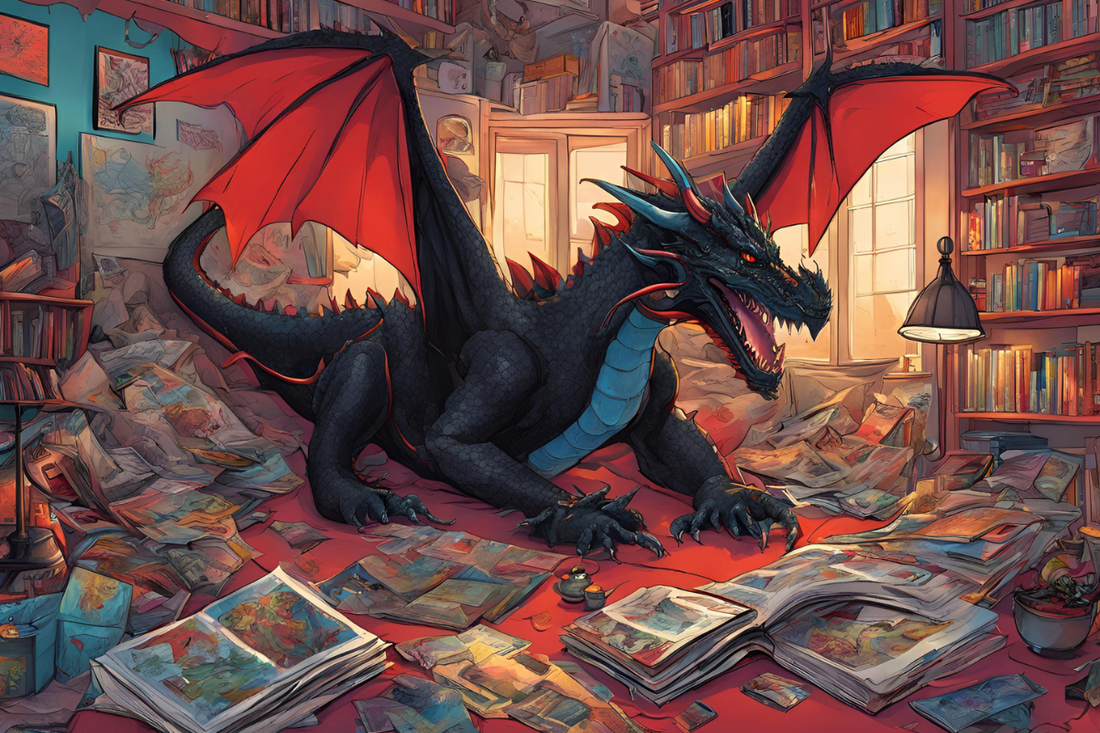 AI generated image of a Dragon in a library.