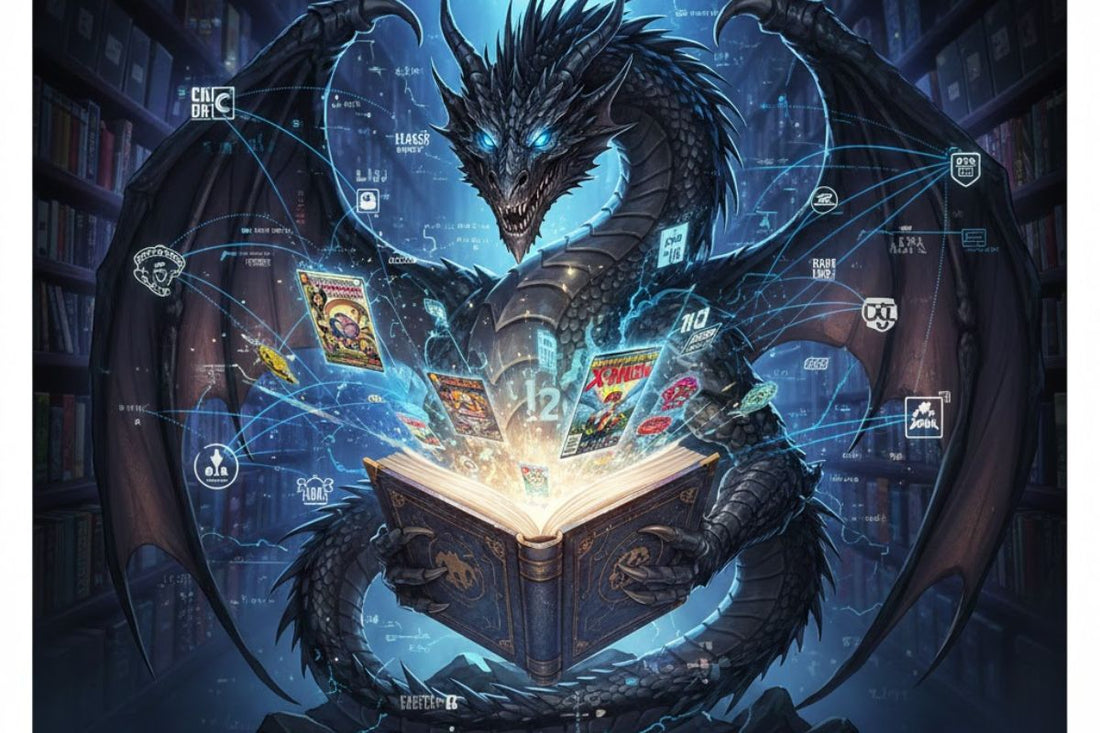 Dragon looking at a book that is opening up like a computer showing comic book covers