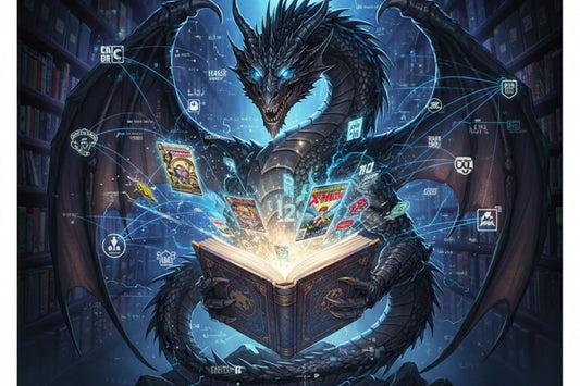 Dragon looking at a book that is opening up like a computer showing comic book covers