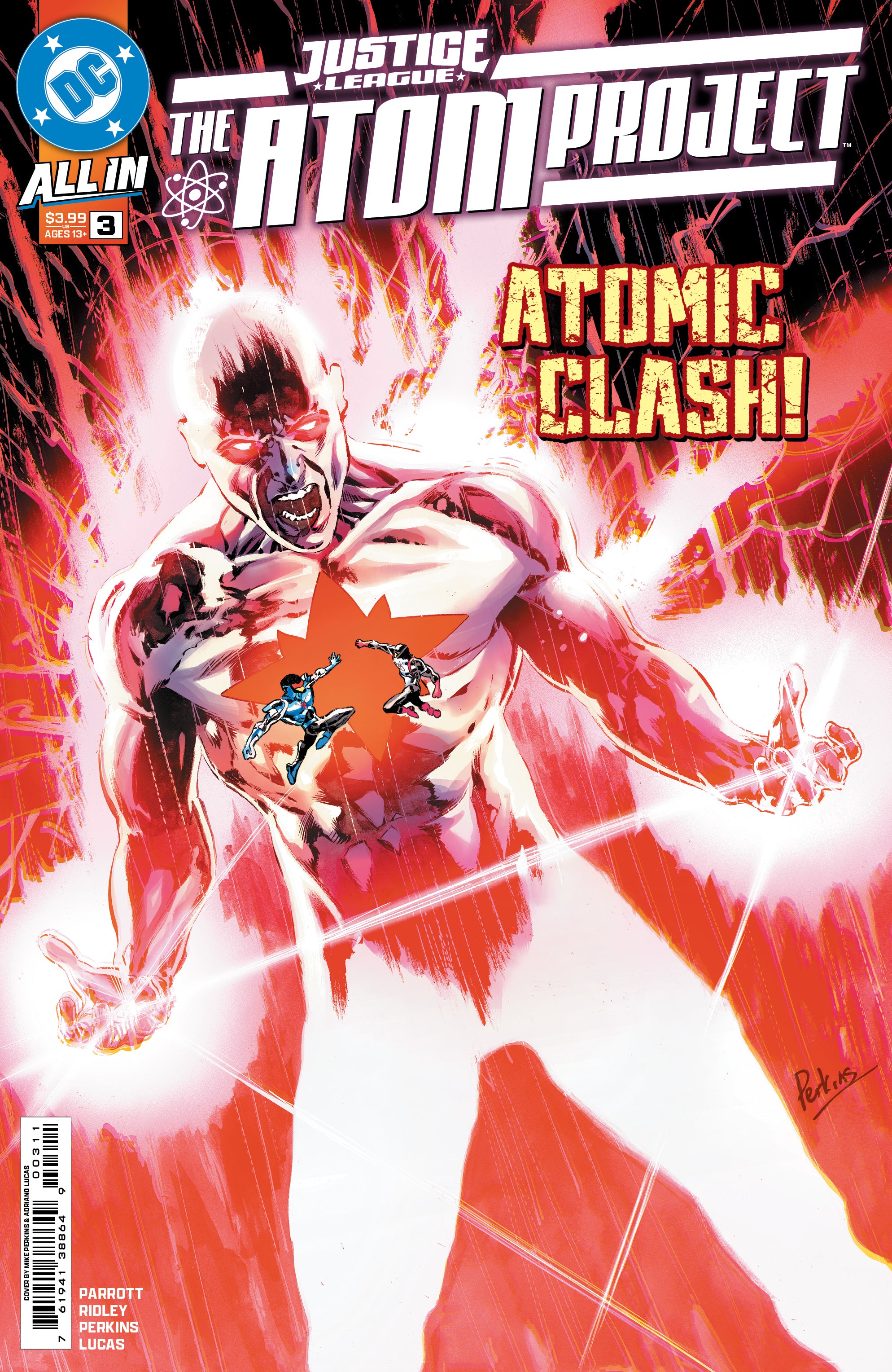 Comic book cover featuring a superhero in action with 'The Atom Project' title.