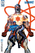 Comic book cover featuring two superhero characters with a large symbol in the background