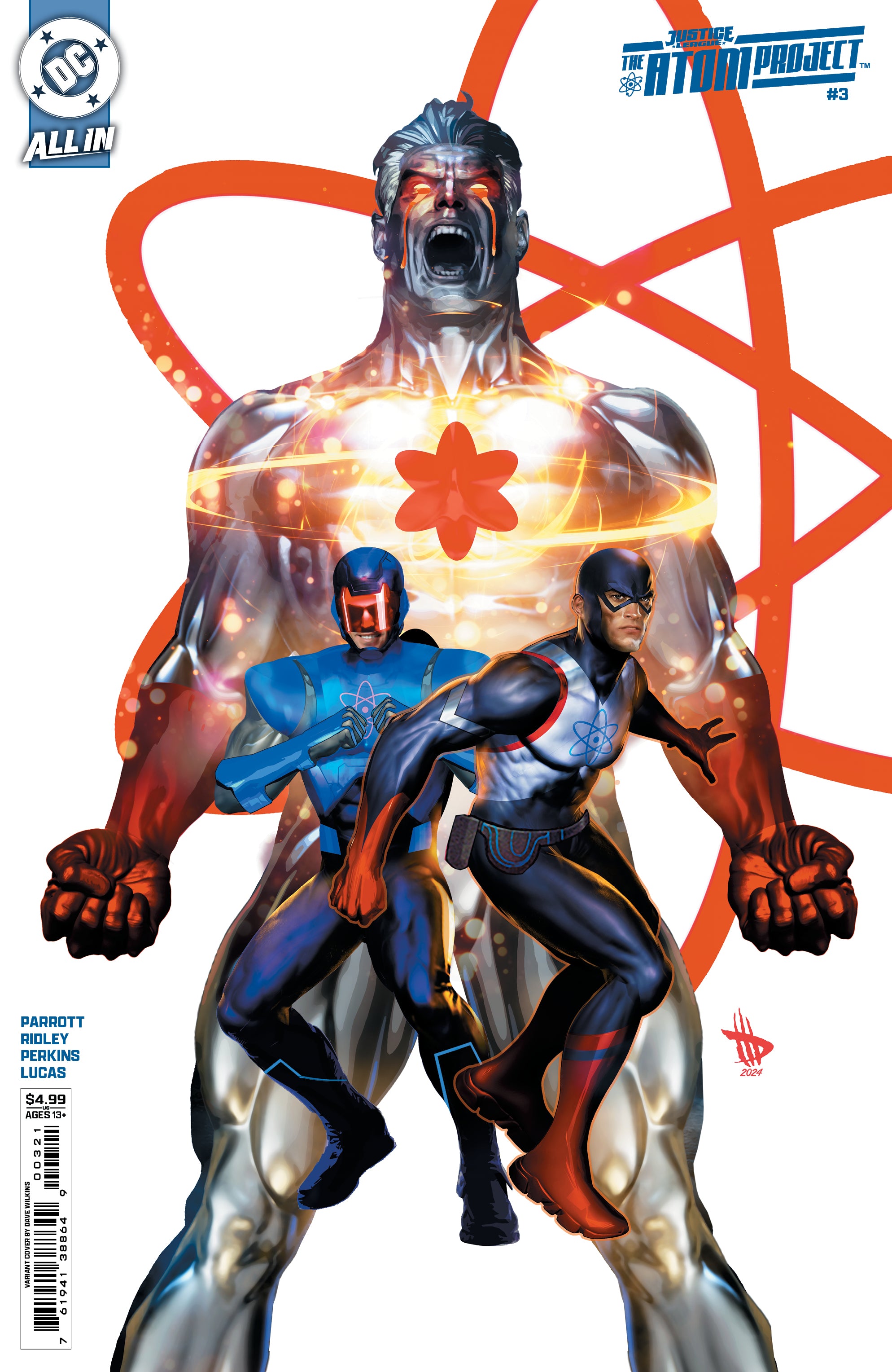 Comic book cover featuring two superhero characters with a large symbol in the background