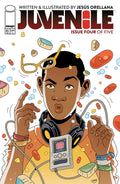 Comic book cover of 'Juvenile' with a character wearing goggles and headphones, surrounded by colorful objects.