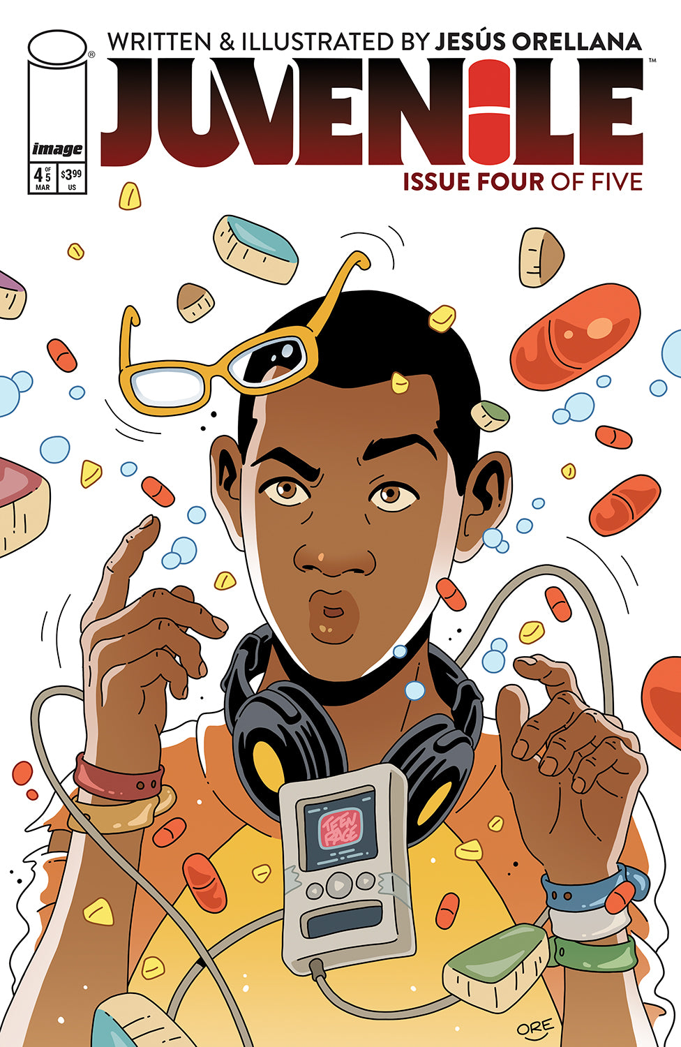 Comic book cover of 'Juvenile' with a character wearing goggles and headphones, surrounded by colorful objects.