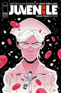 Comic book cover of 'Juvenile' with a character holding a syringe against a black background.