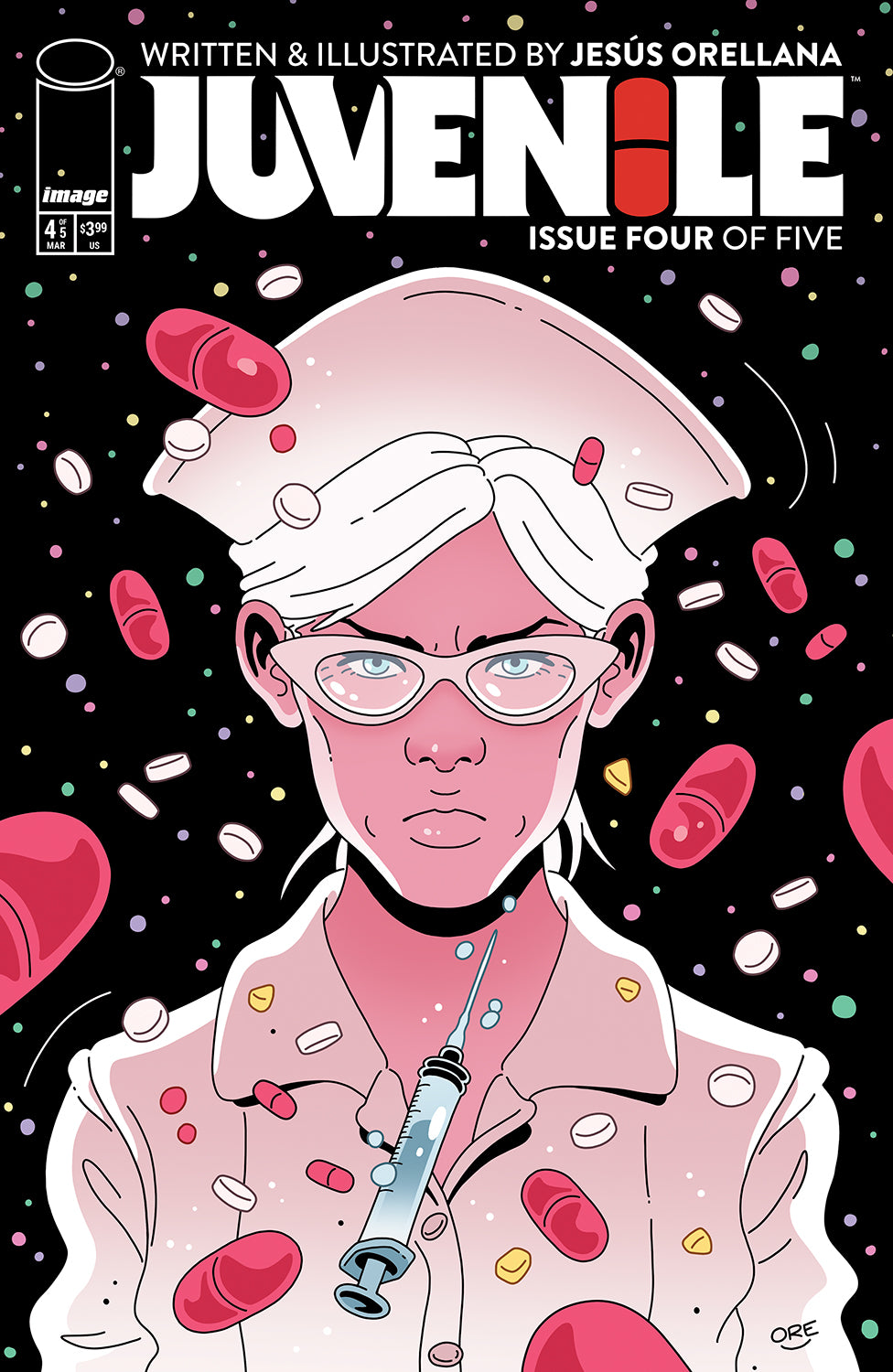 Comic book cover of 'Juvenile' with a character holding a syringe against a black background.