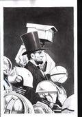 Black and white illustration of a man in a top hat surrounded by mechanical elements on a dark background