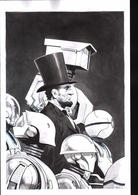 Black and white illustration of a man in a top hat surrounded by mechanical elements on a dark background