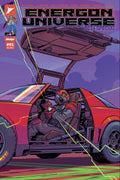 Comic book cover featuring a red car with a character inside, a helicopter, and text about 'Energon Universe'.