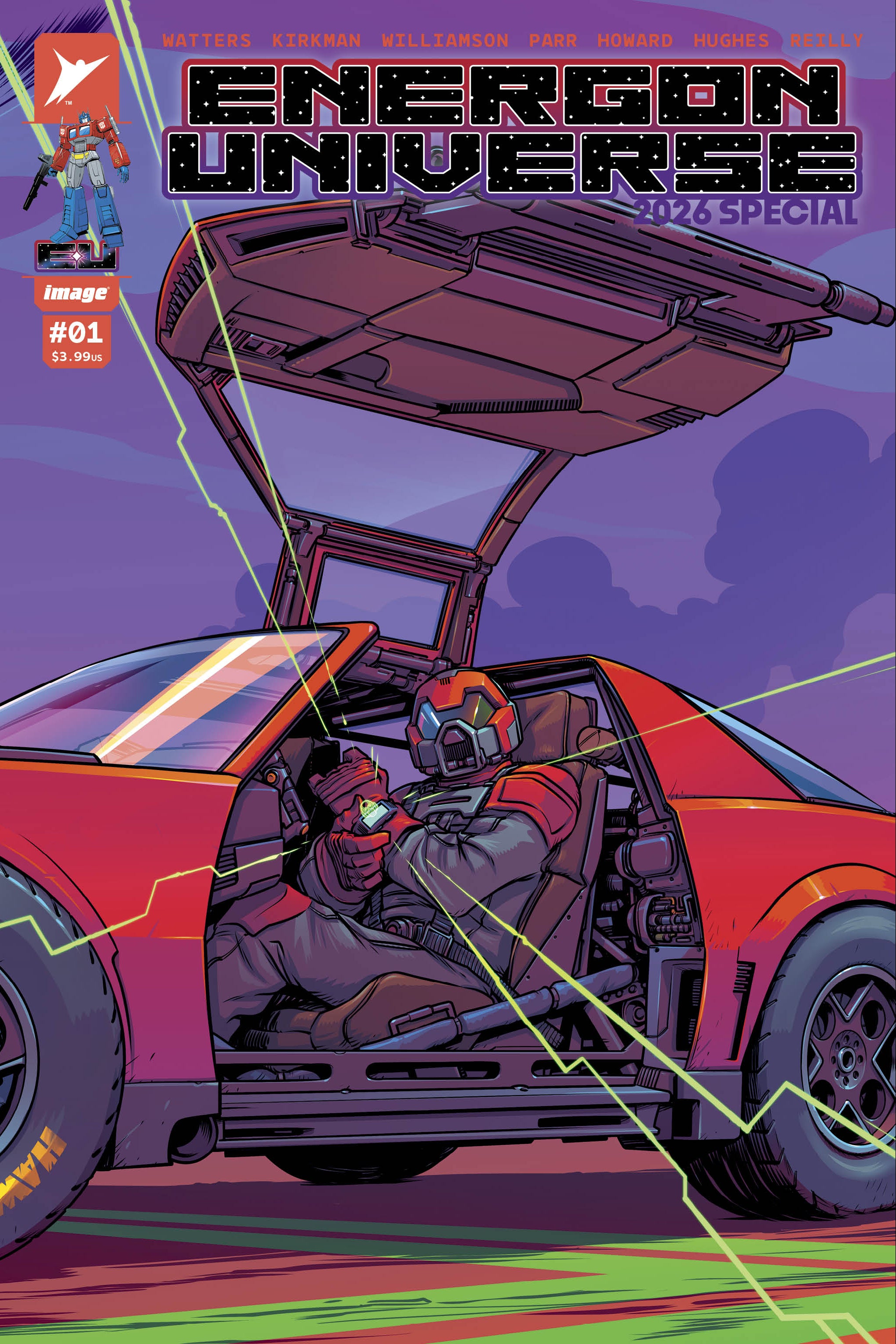 Comic book cover featuring a red car with a character inside, a helicopter, and text about 'Energon Universe'.