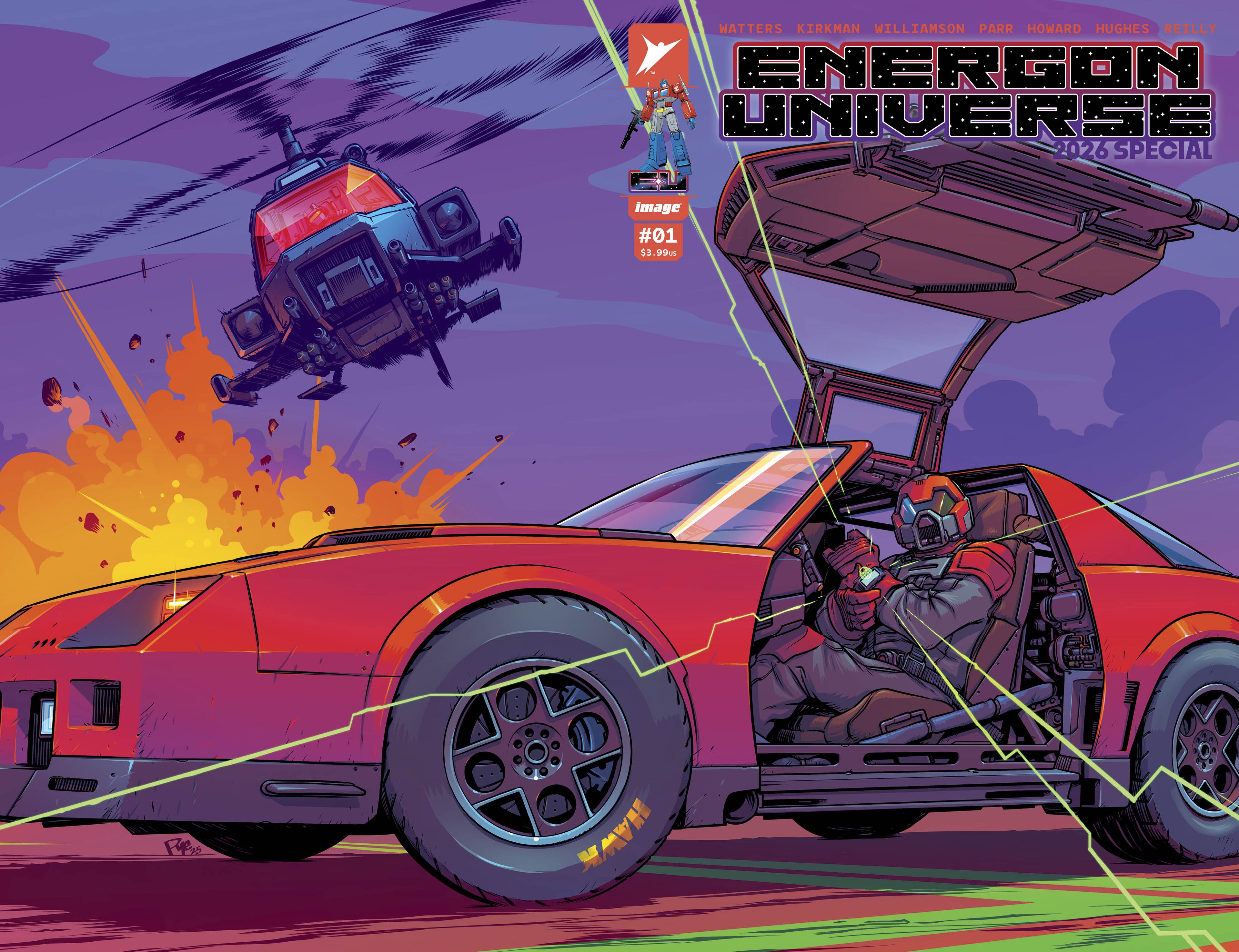 Comic book cover featuring a red car with a character inside, a helicopter, and text about 'Energon Universe'.