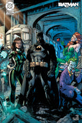 Comic book cover featuring Batman and various villains in a hallway.