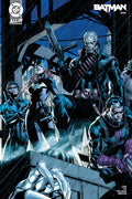 Comic book cover featuring various superhero characters in a cityscape.