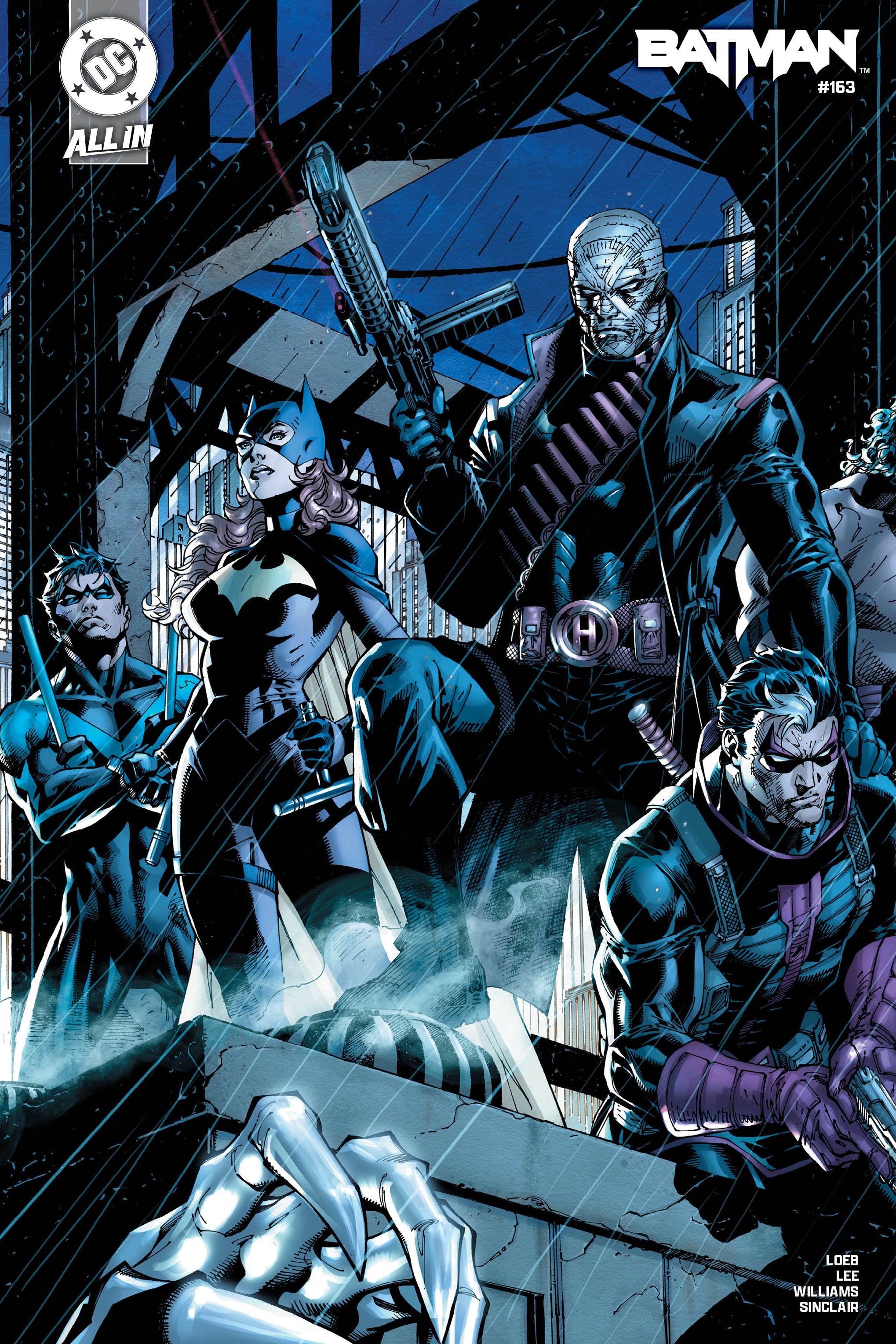Comic book cover featuring various superhero characters in a cityscape.