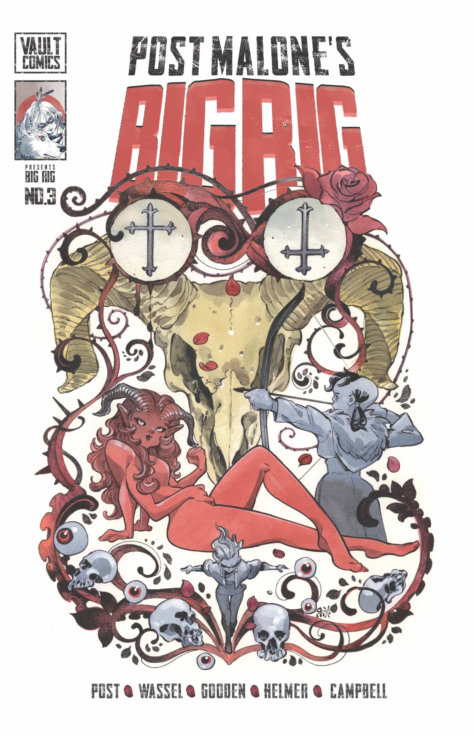 Comic book cover featuring artistic design with text 'Post Malone's Big Rig' and characters.