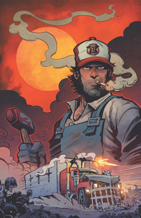 Illustration of a man in overalls smoking a pipe with a fiery background