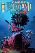 Comic book cover of 'I Hate Fairyland: Happy End Game' with a character holding an axe against a blue background.