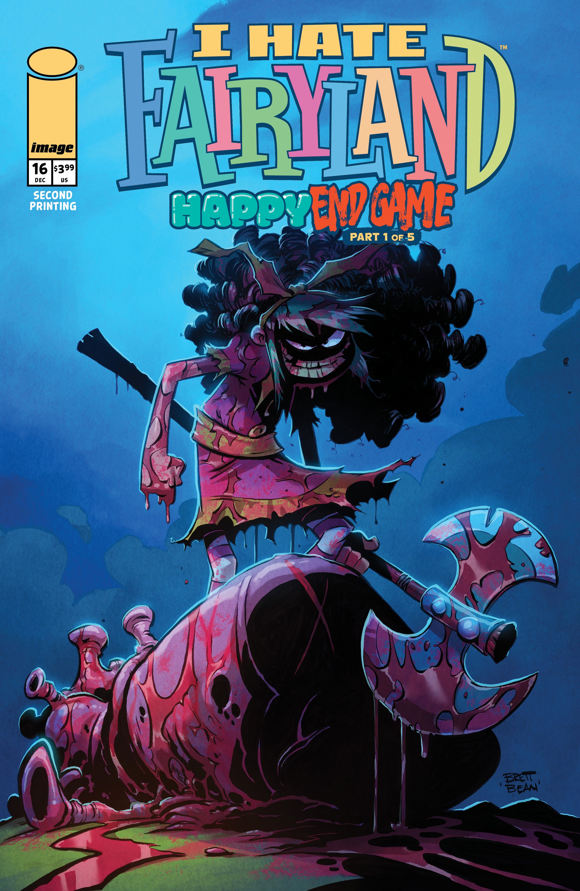 Comic book cover of 'I Hate Fairyland: Happy End Game' with a character holding an axe against a blue background.